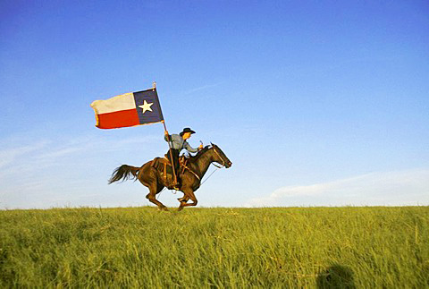 A young cowgirl carries a Texas flag while in a full gallop on horseback riding on the horizon with blue sky and green fields.