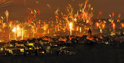 New Year's Eve fireworks, Korb im Remstal, Rems-Murr Kreis district, Baden-Wuerttemberg, Germany, Europe
